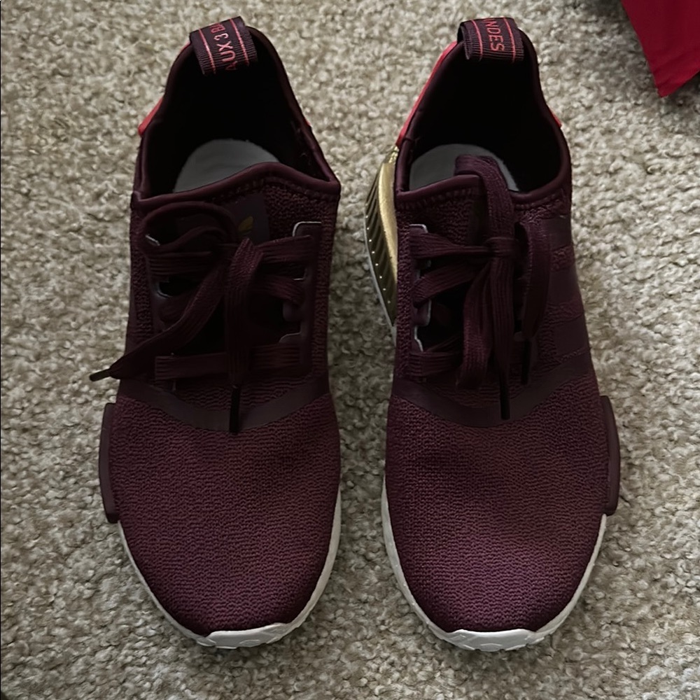Adidas NMD Burgundy Sneakers with Gold Accent